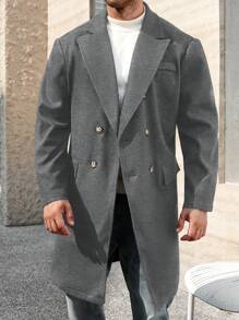 Manfinity Homme Plus Size Men's Button Front Long Sleeve Pockets Casual Overcoat, Fall/Winter - Grey - View 5