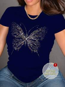SHEIN Camiseta de manga corta con cuello redondo y estampado de mariposa, blusas gráficas para mujeres - Azul Marino - Ver 1