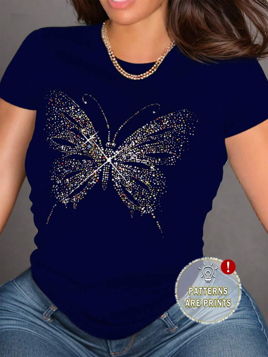 SHEIN Camiseta de manga corta con cuello redondo y estampado de mariposa, blusas gráficas para mujeres - Azul Marino - Ver 1