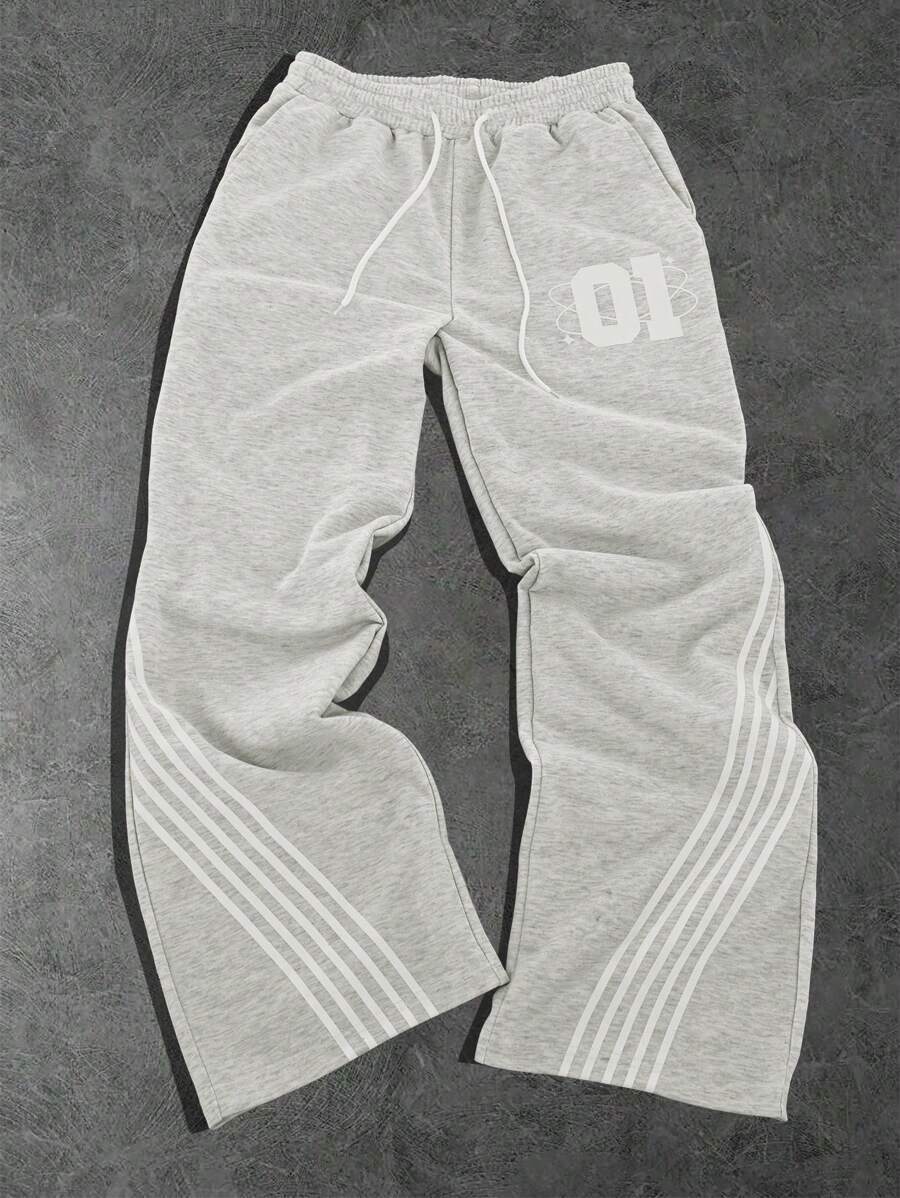 Manfinity EMRG 男士休闲运动裤，系带，条纹拼接和口袋，简约设计 - 灰色 - 查看 1