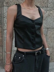 DAZY 女式黑色 PU 皮革短款修身背心，春夏