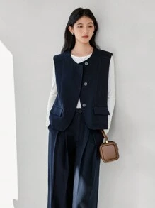 Dazy-Less 2 pièces/Set Pantalon droit ample de couleur unie décontracté pour femmes avec gilet, vêtements d'automne