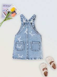 Denimly Vintage Cute Casual Urban Light Wash Bow Print Denim Pinafore Dress