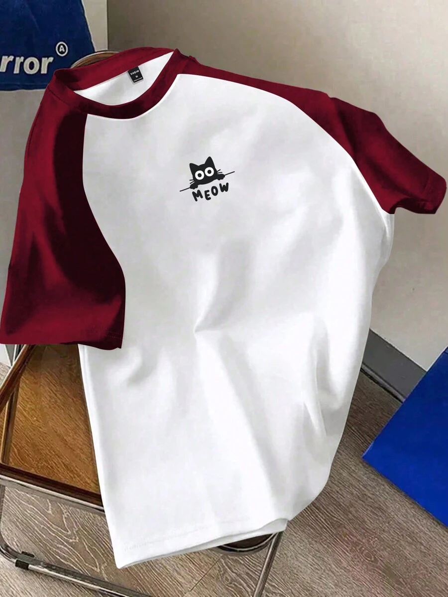 SHEIN Essnce 休闲可爱猫咪印花宽松圆领短袖女式 T 恤，适合春夏季