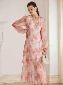 EMERY ROSE Robe longue à manches longues pour femmes avec encolure en V élégante, imprimé floral aléatoire en mousseline de soie, taille cintrée et ourlet asymétrique - Multicolore - Voir 4