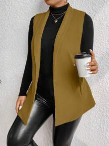 SHEIN Unity Plus Size Solid Color Shawl Neck Sleeveless Pocket Minimalist Casual Blazer - Yellow - View 1