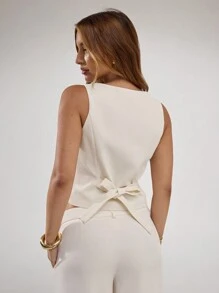 SHEIN BAE 女士纯色无袖无纽扣简约夹克，休闲日常穿着 - 杏色 - 查看 2