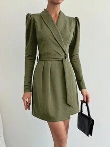 SHEIN Tall Tall Size Women's Surplice Neck Elegant Belted Solid Dress - Army Green - View 3