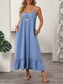 SHEIN LUNE 女式休闲牛仔连衣裙，带荷叶边下摆，可调节细肩带，夏季 - 藍色 - 查看 4