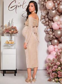 Loomaby Chic Off Shoulder Bodycon Dress, Asymmetrical Neck Ruched Maternity Dress, Khaki, Suitable For Party & Wedding - Khaki - View 2