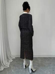 Elenzga 2 件格子短款夹克和裙子，休闲秋季套装 - 黑色 - 查看 2