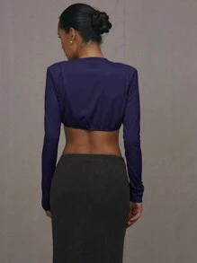 MUSERA Elasticated Hem Crop Top Casual Summer Fall - Navy Blue - View 5