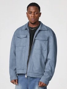 Manfinity VCAY Men's Front Zipper Pocket Casual Jacket With Collar, For Fall Winter - Blue - View 3