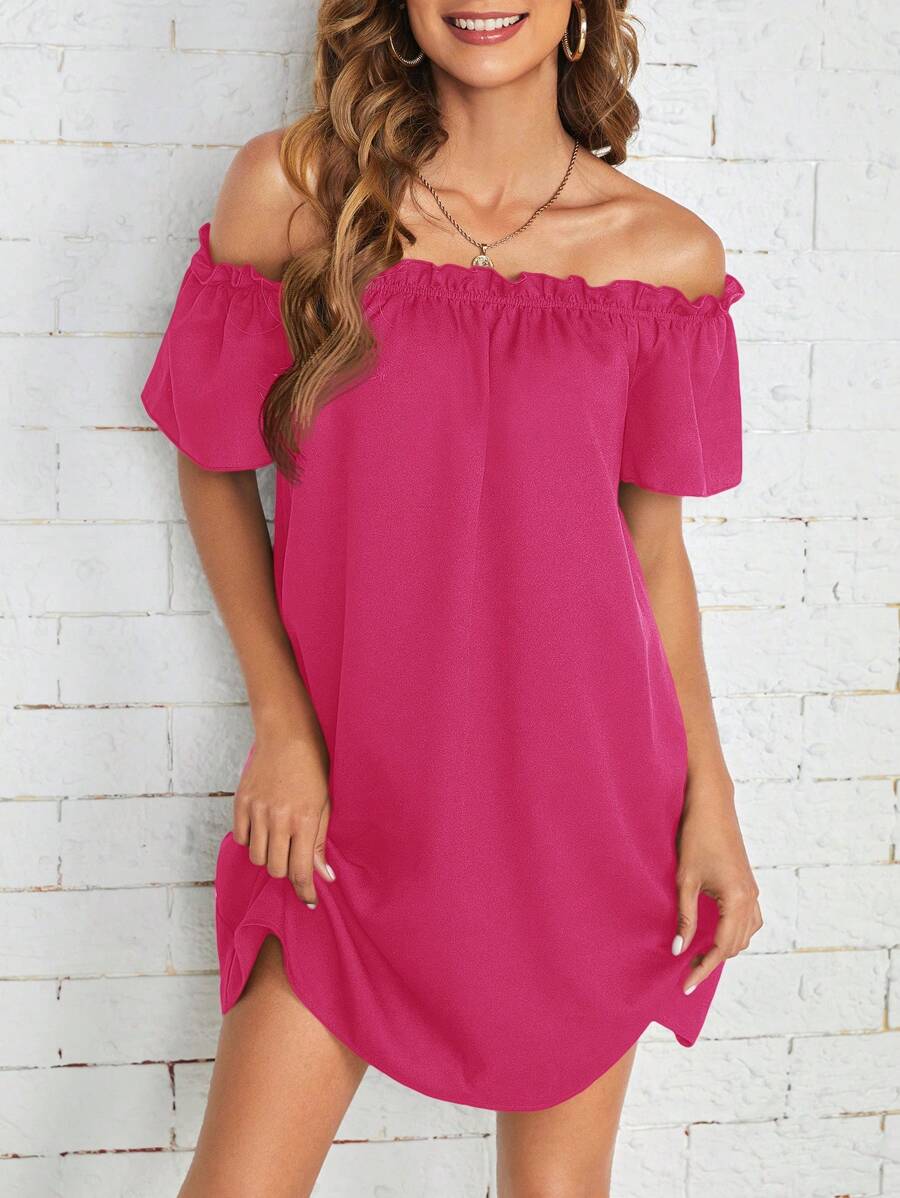 SHEIN Essnce Women's Off Shoulder Plain Short Sleeve Dress, Simple And Fashionable For Casual Daily Wear - Hot Pink - View 1