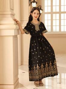 SHEIN Tween Girl Elegant Party Gold Foil Print Short Sleeve Dress - Black - View 5