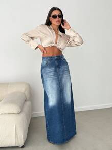 EURMUSE Casual Distressed Denim Long Skirt With Side Slit - Medium Wash - View 3