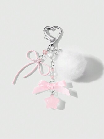 Kawaii 1 Stück zierliches und niedliches minimalistisches Design Silberkette mit Perlenherz, Bommel, Schleife und Stern Anhänger Schlüsselanhänger, geeignet für Frauen & Mädchen für den Alltag, als Urlaubsgeschenk