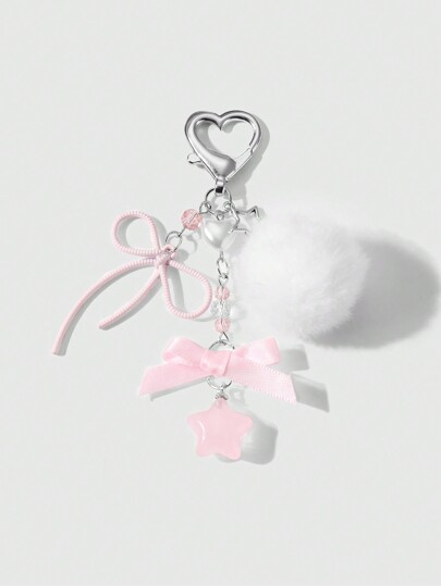 Kawaii 1pc Delicate & Cute Minimalist Design Silver Chain Faux Pearl Heart, Pompom, Bowknot, Star Pendant Keychain, Suitable For Women & Girls Daily Wear, Holiday Gift
