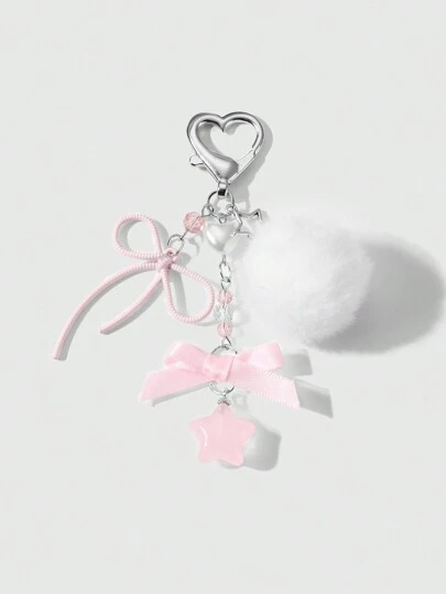 ROMWE Kawaii 1pc Delicate & Cute Minimalist Design Silver Chain Faux Pearl Heart, Pompom, Bowknot, Star Pendant Keychain, Suitable For Women & Girls Daily Wear, Holiday Gift