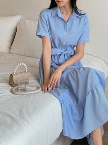 DAZY 条纹衬衫式连衣裙，收腰设计，优雅显瘦 - 藍色 - 查看 2