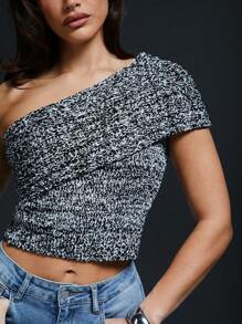 SHEIN Unity One Shoulder Sweater Knit Top Simple Fashionable Daily Casual - Black - View 2