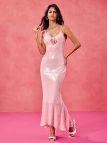 Becci Designer Women's Pink Sequin 3D Flower Bodycon Mermaid Maxi Dress Festival, Pastel, Prom Dress