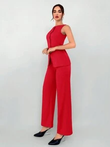 Aloruh Women's 2 Pieces Suit Set: Faux Pocket Decor V-Neck Khaki Blazer Vest And Palazzo Pants, Suitable For Commuting, Autumn/Winter - Red - View 3