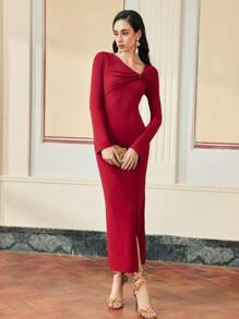 ZEYLAH Women's Asymmetric TWIST  NECK WITH Metal Button SLIT FITTED  DRESS FOR Valentine's Day OUTFIT, LONG SLEEVES , BELL SLEEVE DRESS, FOUR WAY STRETCH KNIT FABRIC - Red - View 5