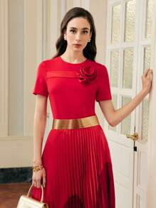 ZEYLAH STEREO FLORAL Rose SHORT SLEEVE T-SHIRT FOR Valentine's Day, NEW YEAR,SPRING/SUMMER - Red - View 5