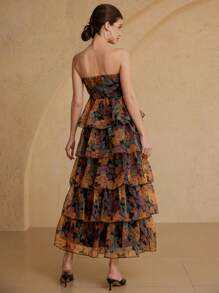 BELROSIE Fashion French Romantic High-End Organza Print Ruffle Trim Sleeveless Long Dress For Women - Multicolor - View 2