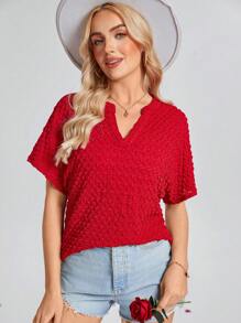 SHEIN LUNE 女士红色立领提花短袖衬衫，情人节 - 紅色 - 查看 1