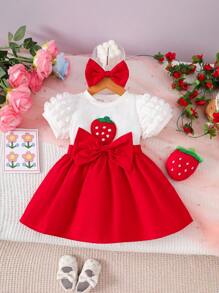 SHEIN Conjunto de vestido y diadema con Top de manga globo con cuello redondo, bordado de fresa blanco, lazo rojo y falda, adecuado para fotos divertidas, para bebé niña en verano