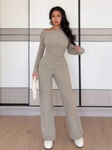 Chiquease Conjunto de 2 piezas con top de punto de manga larga con cuello oblicuo elegante y pantalones sueltos de cintura elástica, apto para primavera y otoño