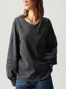 Bohemela Áo nỉ dài tay dáng rộng cổ chữ V màu trơn đơn giản cho nữ vào mùa thu/đông - màu đen - Xem 5