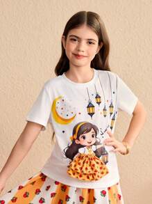 Tween Girl' 圆领短袖人物印花休闲 T 恤 - 白色 - 查看 5