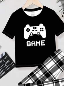 SHEIN Leap Crew Tween Boy Casual Minimalist Snug Fit Short Sleeve & Pants Loungewear Set, Suitable For Spring And Summer - Multicolor - View 3