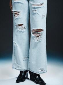 Denimoi Women's Casual Distressed Straight Leg Denim Jeans - Baby Blue - View 4