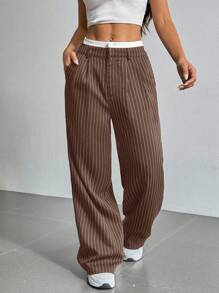 SHEIN EZwear Pantalones de traje de pierna ancha con cintura a rayas casual