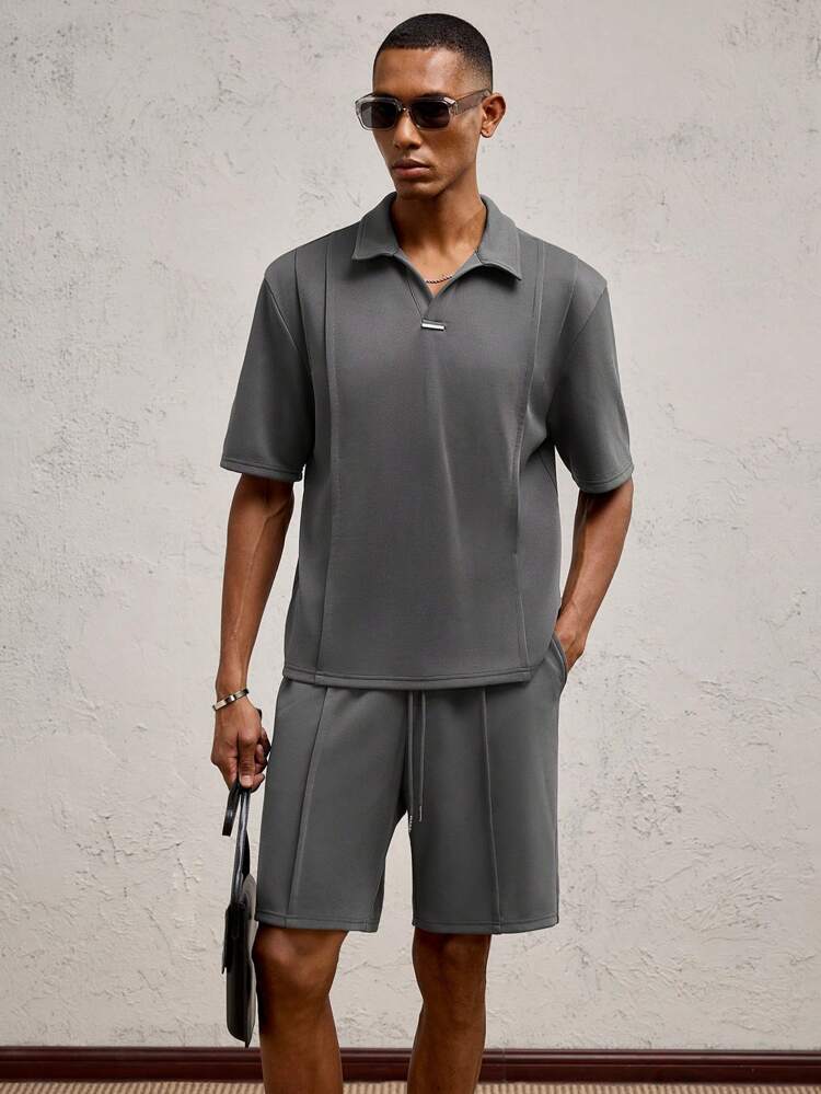 2pcs/Set Men's Slim Fit Notch Collar Casual Polo Shirt Set, Suitable For Summer