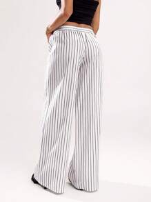 SHEIN BAE De damă, culoare uni, talie elastică, simplu, detaliu în dungi, pantaloni largi, cu talie joasă, potriviți pentru îmbrăcăminte zilnică ocazională, ieșiri - Multicolor - Vizualizare 2