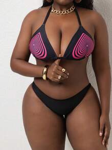SHEIN Swim Curve Summer Plus Size Women Heart Print Spaghetti Strap Camisole, Black & Red Ribbed Fabric, Adjustable Straps, Simple & Suitable For Everyday, Vacation, Bikini Top