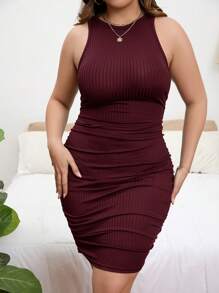 SHEIN Privé Đầm suông không tay màu trơn cỡ lớn ôm vừa vặn thường ngày - Màu Đỏ Sâu - Xem 5