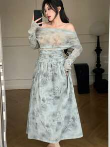 DAZY 两件套女士全印花褶皱系领衬衫和A字裙，秋季女装复活节 - 杏色 - 查看 4