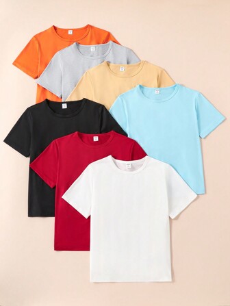 SHEIN 7pcs/Set Tween Boy Casual Crewneck Knit T-Shirts, Multi-Color, School, Campus, College