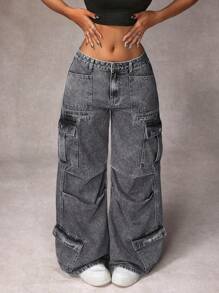 SHEIN ICON Jeans casuales de mujer con bolsillo delantero con botones sencillos, ropa de tiempo libre diaria