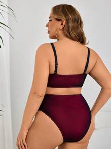 大码女式褶饰休闲夏季海滩度假泳装比基尼套装 - 黑色 - 查看 2