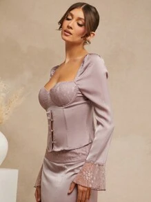 L'Amorae Women's Elegant Dusty Mauve Satin And Lace Long Sleeve Hollow Out Slim Fit Bustier Top,Autumn Night Out Corset Top With Front Buttons For Parties - Mauve Purple - View 3