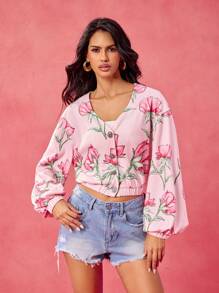 Becci Designer Boho Bohemian Pink Floral Print V-Neck Top Elegant Spring And Summer Top Vacation, Going Out, Festival, Ibiza Fits