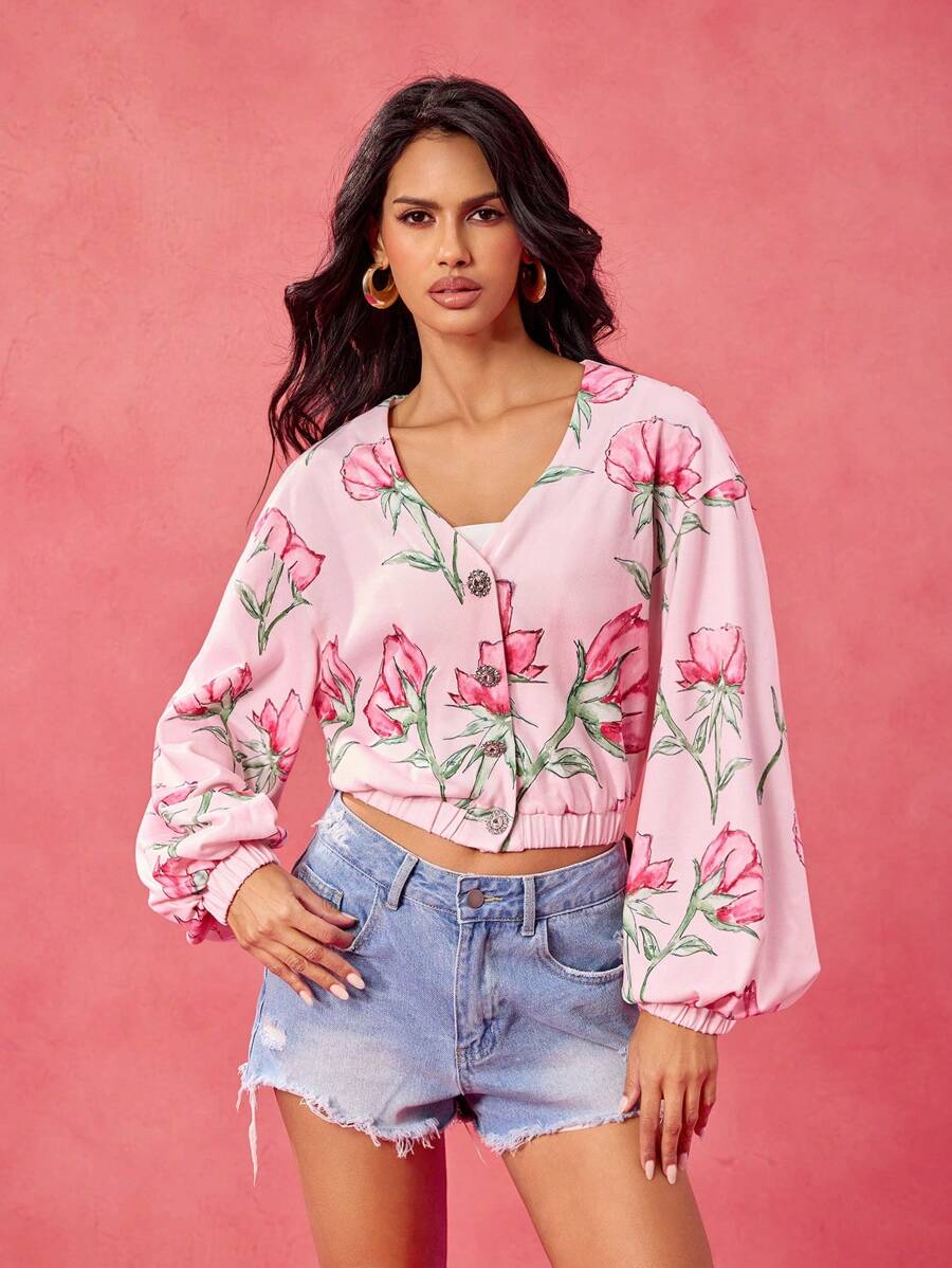 Becci Designer Boho Bohemian Pink Floral Print V-Neck Top Elegant Spring And Summer Top Vacation, Going Out, Festival, Ibiza Fits