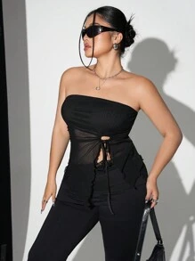SHEIN ICON Top tipo tubo de malla con dobladillo asimétrico, cordón lateral y ribete de lechuga para talla grande en verano - Negro - Ver 2
